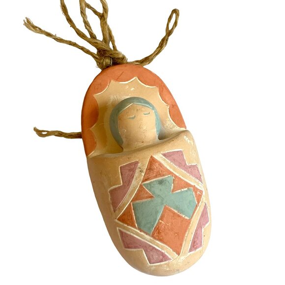 Vintage Southwestern Indian Baby Papoose Christmas Ornament Clay Hand Painted - Picture 1 of 10